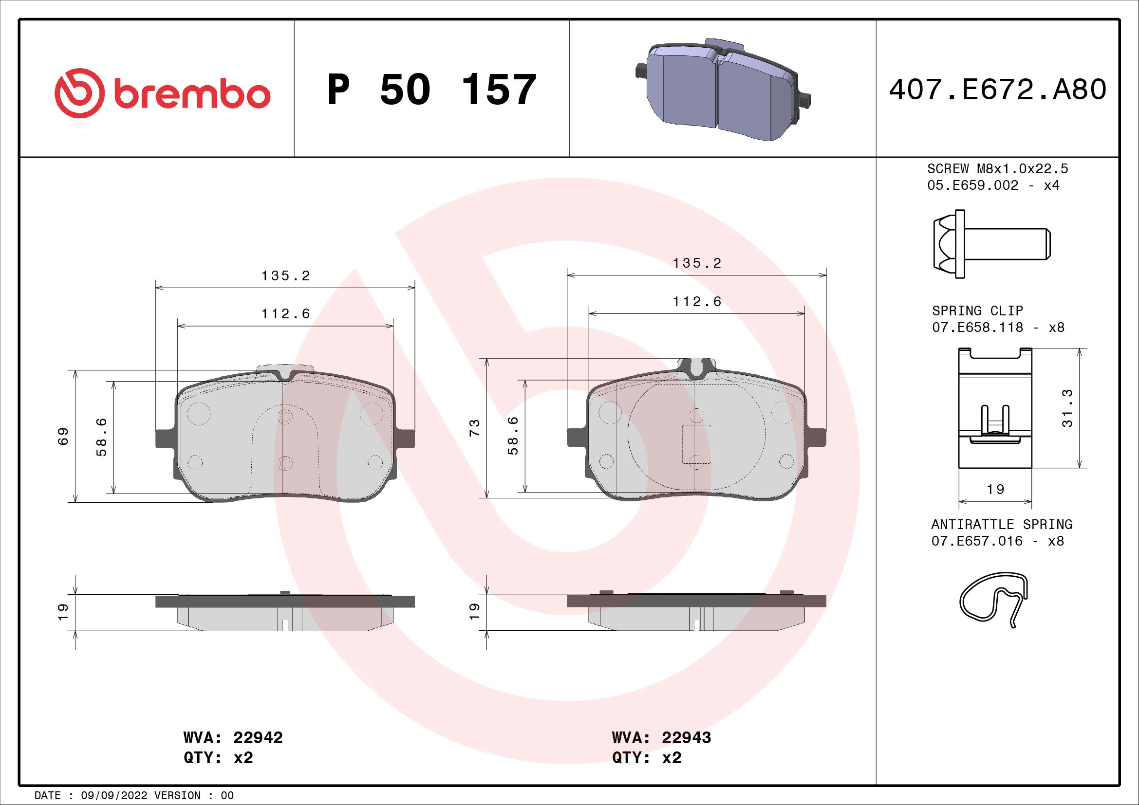 A.B.S. P 50 157 BREMBO Bremsbelagsatz, Scheibenbremse